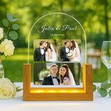 Leuchtender runder LED Aufsteller zur Erinnerung an die Hochzeit mit bis zu 3 eigenen Fotos und Datum mit Holzsockel als Geschenkidee von Love & Faith
