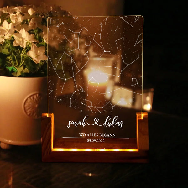 Eckiger LED Aufsteller Sternenhimmel mit Namen als Geschenkidee zum Jahrestag von Love & Faith