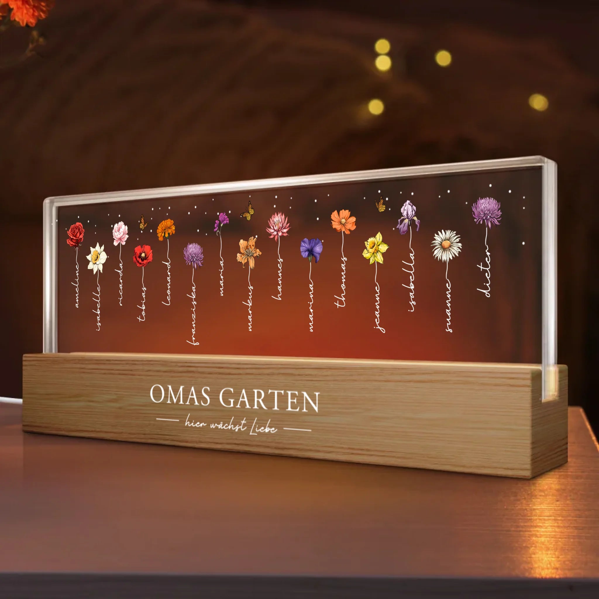 LED Aufsteller 25cm mit Holzsockel mit bis zu 15 Geburtsblumen und Namen personalisieren von Love & Faith