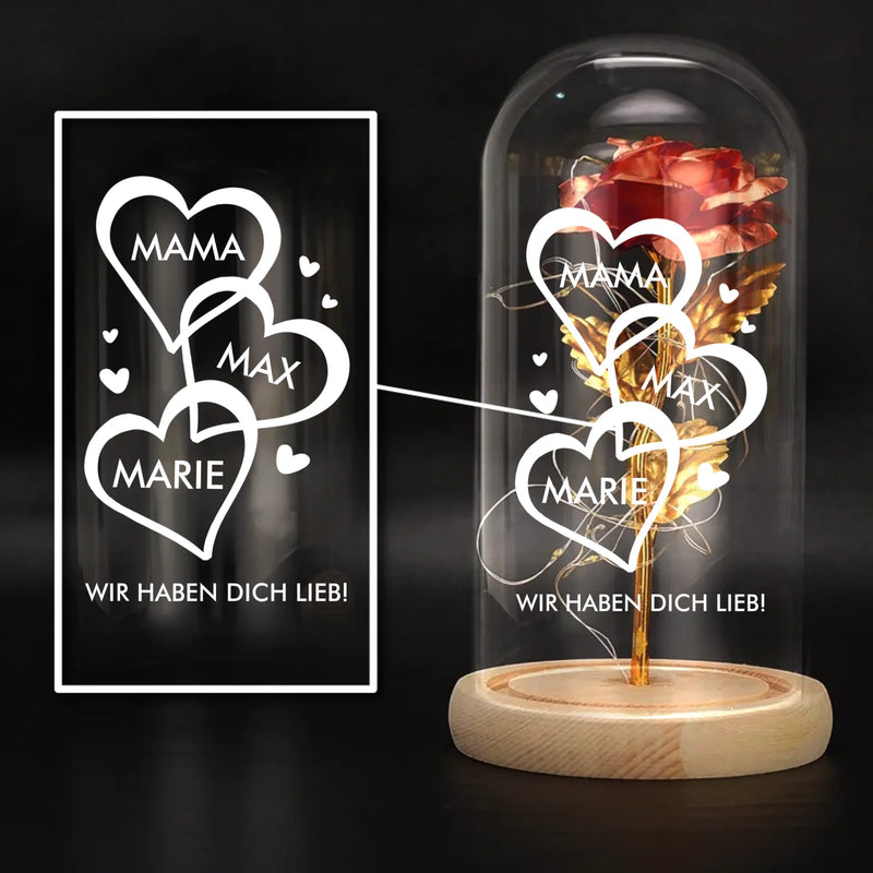 Ewige Rose im Glas LED Deko mit gedruckten Herzen mit Namen - personalisierte Geschenkidee von Love & Faith