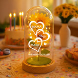 Ewige Sonnenblume im Glas LED Deko mit gedruckten Herzen mit Namen - personalisierte Geschenkidee von Love & Faith