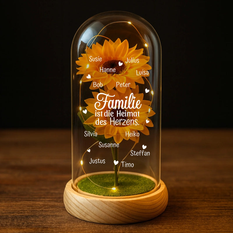 Ewige Sonnenblume "Familie ist die Heimat des Herzens" bis 13 Namen graviert  auf die Glaskuppel mit LED Licht personalisiert als Geschenk für Familie von Love & Faith