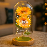Ewige Sonnenblume "Familie ist die Heimat des Herzens" bis 13 Namen graviert  auf die Glaskuppel mit LED Licht personalisiert als Geschenk für Familie von Love & Faith