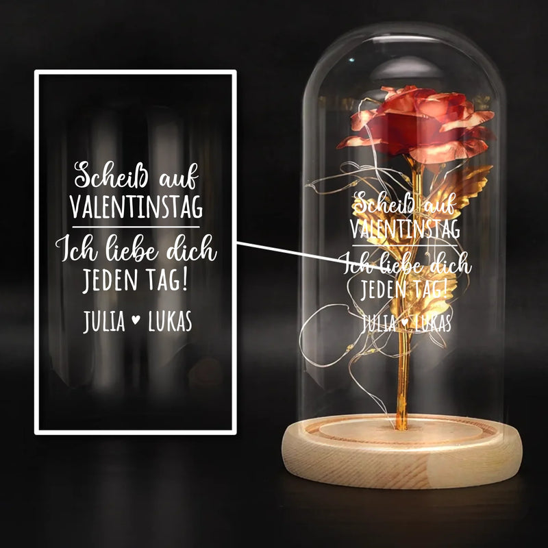 Ewige Rose "Scheiß auf Valentinstag" in der Glaskuppel mit LED Licht personalisiert als Geschenk für Partner zum Anti-Valentinstag von Love & Faith