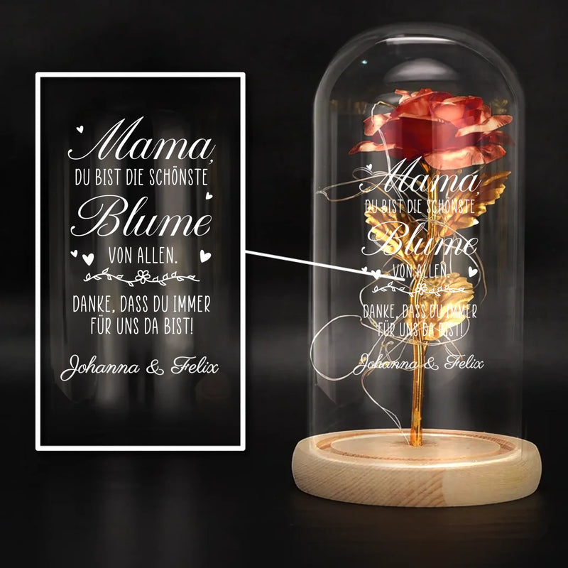 Personalisierte Ewige Rose in der Glaskuppel für "Mama, die schönste Blume der Welt" mit Namen zum Muttertag von Love & Faith