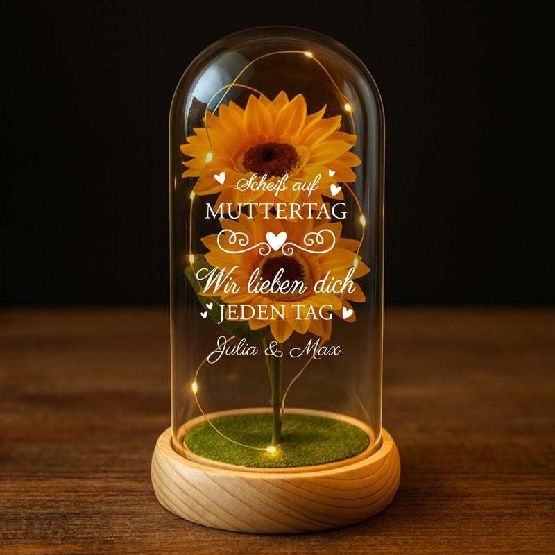 Personalisierte Ewige Sonnenblume im Glas "Scheiß auf Muttertag" als Muttertagsgeschenk gefertigt von Love & Faith