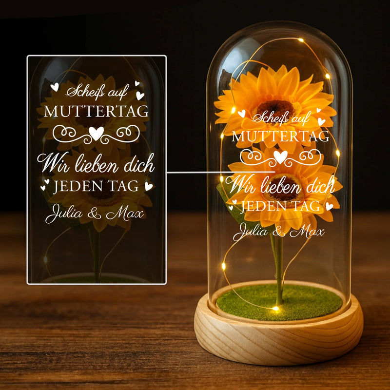 Personalisierte Ewige Sonnenblume im Glas "Scheiß auf Muttertag" als Muttertagsgeschenk gefertigt von Love & Faith