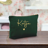 Personalisierte Samt smaragdgrün Kosmetiktasche für MakeUp und Kosmetika mit Namen von Love & Faith