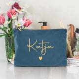 Personalisierte Samt blau Kosmetiktasche für MakeUp und Kosmetika mit Namen von Love & Faith