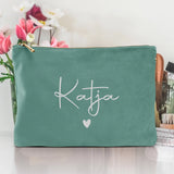 Personalisierte Samt jade silber Kosmetiktasche für MakeUp und Kosmetika mit Namen von Love & Faith