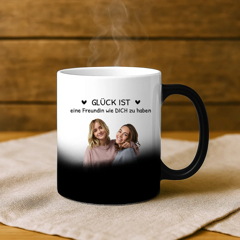 Weiße Fototasse individuell gestalten für Freundinnen Geschenk mit Love & Faith