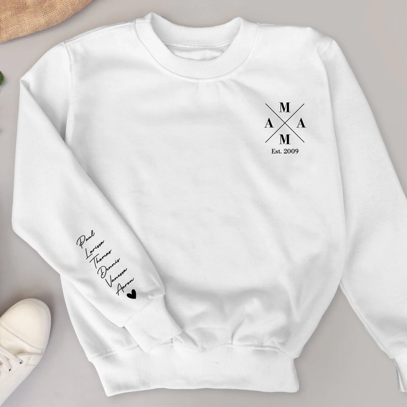 weißer Sweater für Papa mit Kindernamen personalisierte Geschenkidee zum Vatertag von Love & Faith