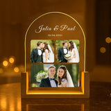 Leuchtender runder LED Aufsteller zur Erinnerung an die Hochzeit mit bis zu 3 eigenen Fotos und Datum mit Holzsockel als Geschenkidee von Love & Faith