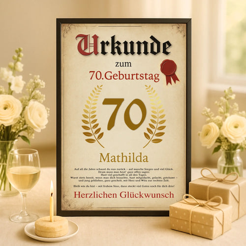 Personalisierte Urkunde zum 70. Geburtstag mit Goldenem Ehrenkranz und Siegel personalisierbar von Love & Faith