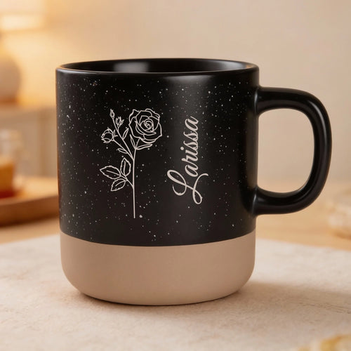 Personalisierte Tasse Steingut schwarz meliert als Geschenk für Partner graviert von Love & Faith
