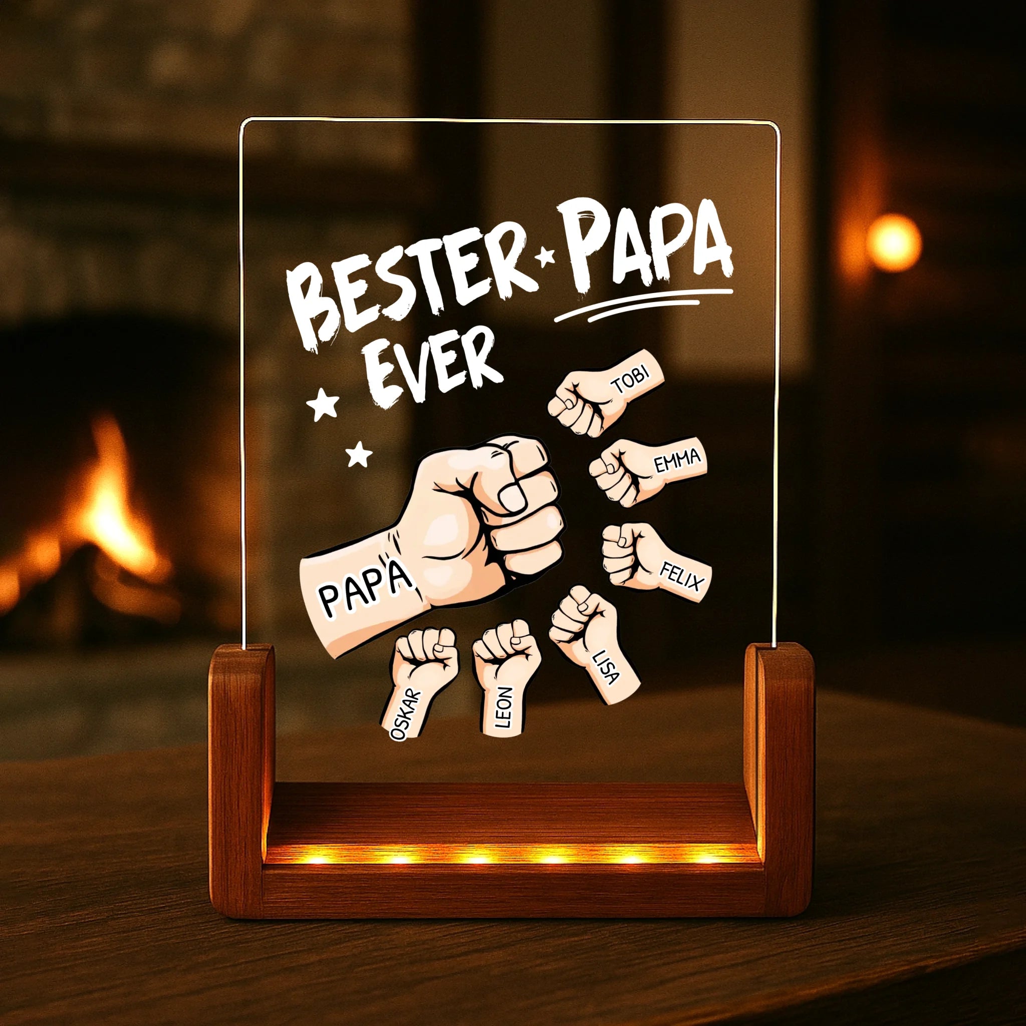 eckiger LED Aufsteller mit Holzsockel mit "Bester Papa ever" und Fistbumps mit Kindernamen personalisiert von Love & Faith