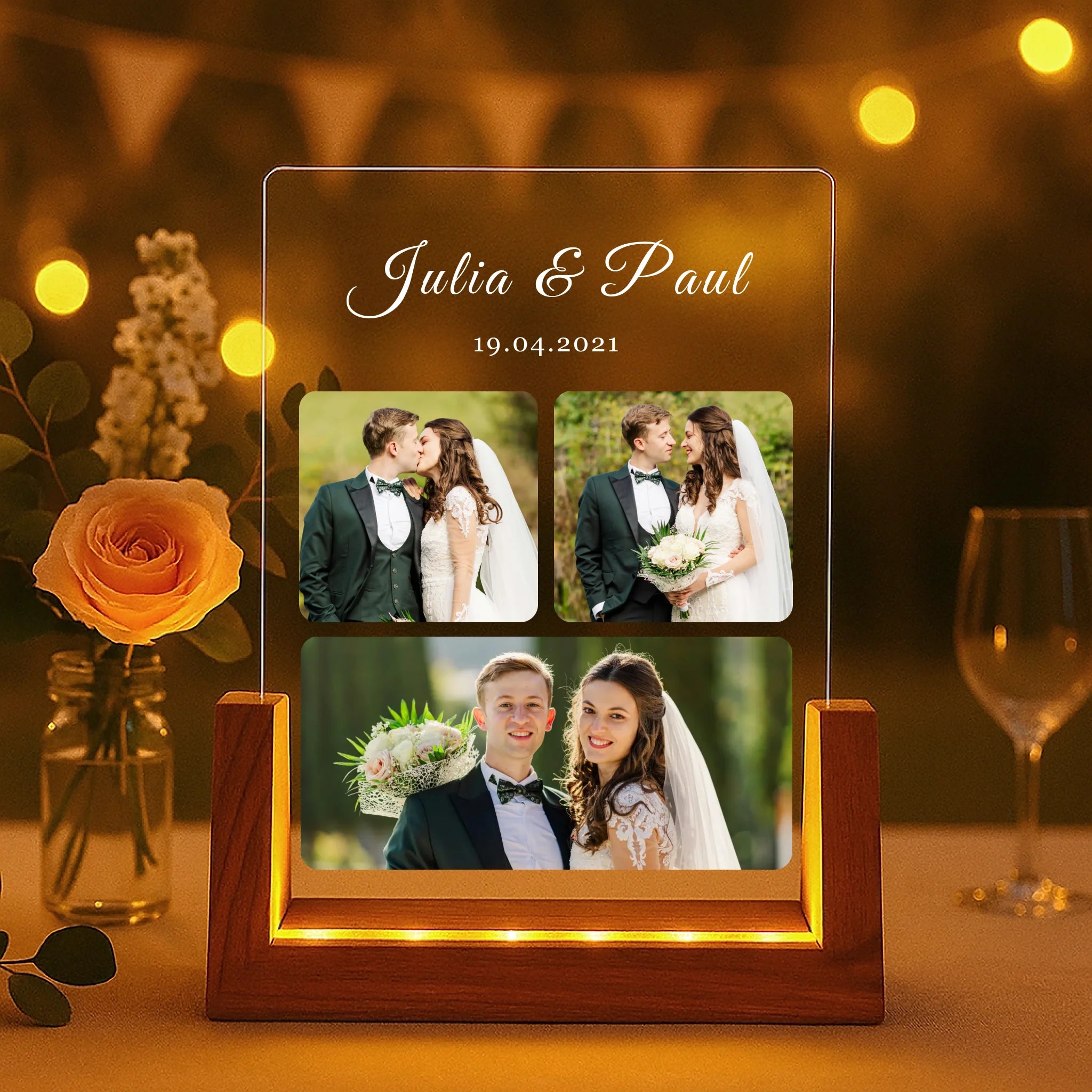 Leuchtender eckiger LED Aufsteller zur Erinnerung an die Hochzeit mit bis zu 3 eigenen Fotos und Datum mit Holzsockel als Geschenkidee von Love & Faith