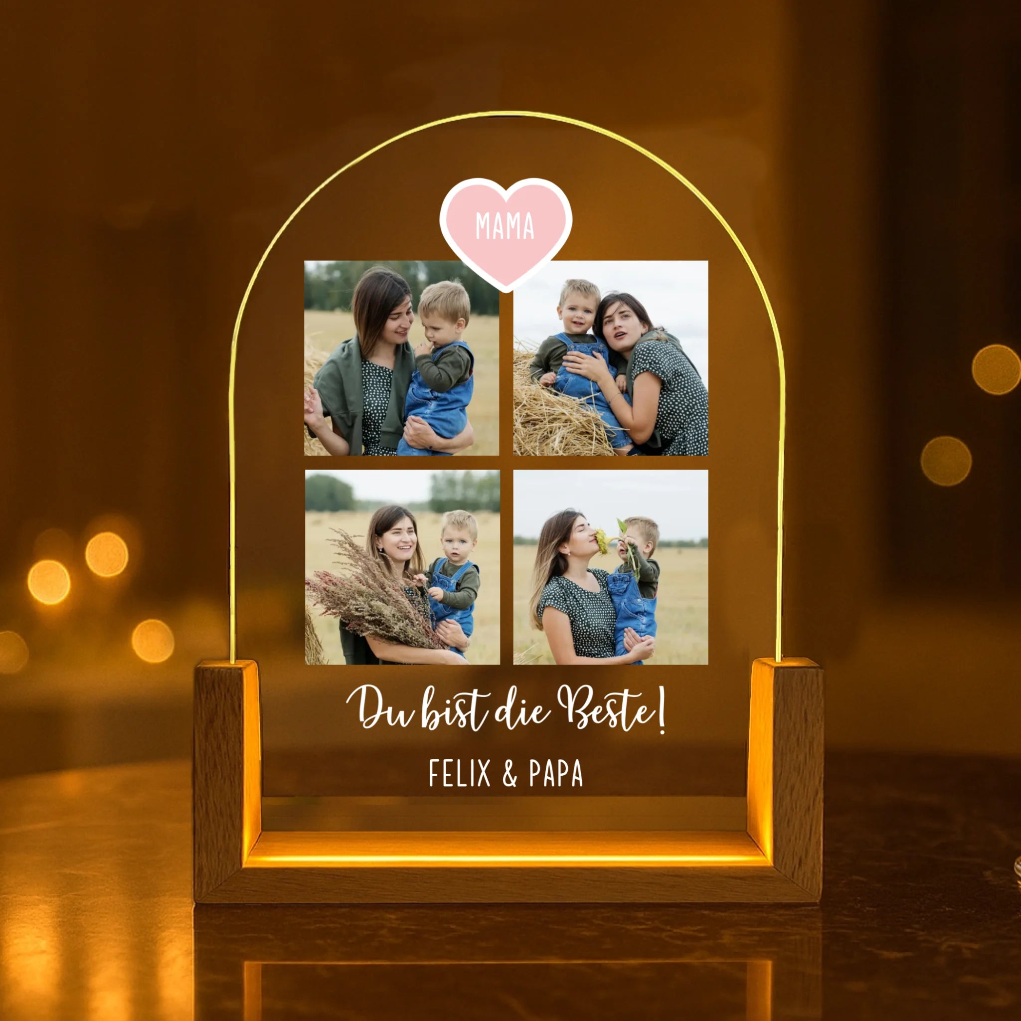 Personlisiertes Geschenk - Leuchtender runder LED Aufsteller Portrait mit Holzsockel mit eigenen Namen und Daten personalisieren
