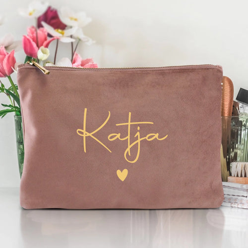 21x15cm Personalisierte Samt rosequartz Kosmetiktasche für MakeUp und Kosmetika mit Namen von Love & Faith