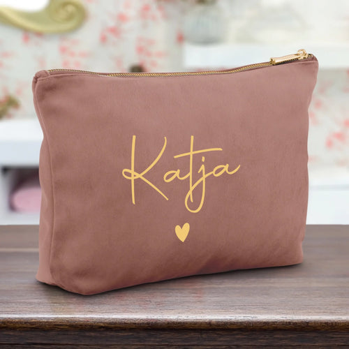 Personalisierte Samt rosequartz Kosmetiktasche für MakeUp und Kosmetika mit Namen von Love & Faith