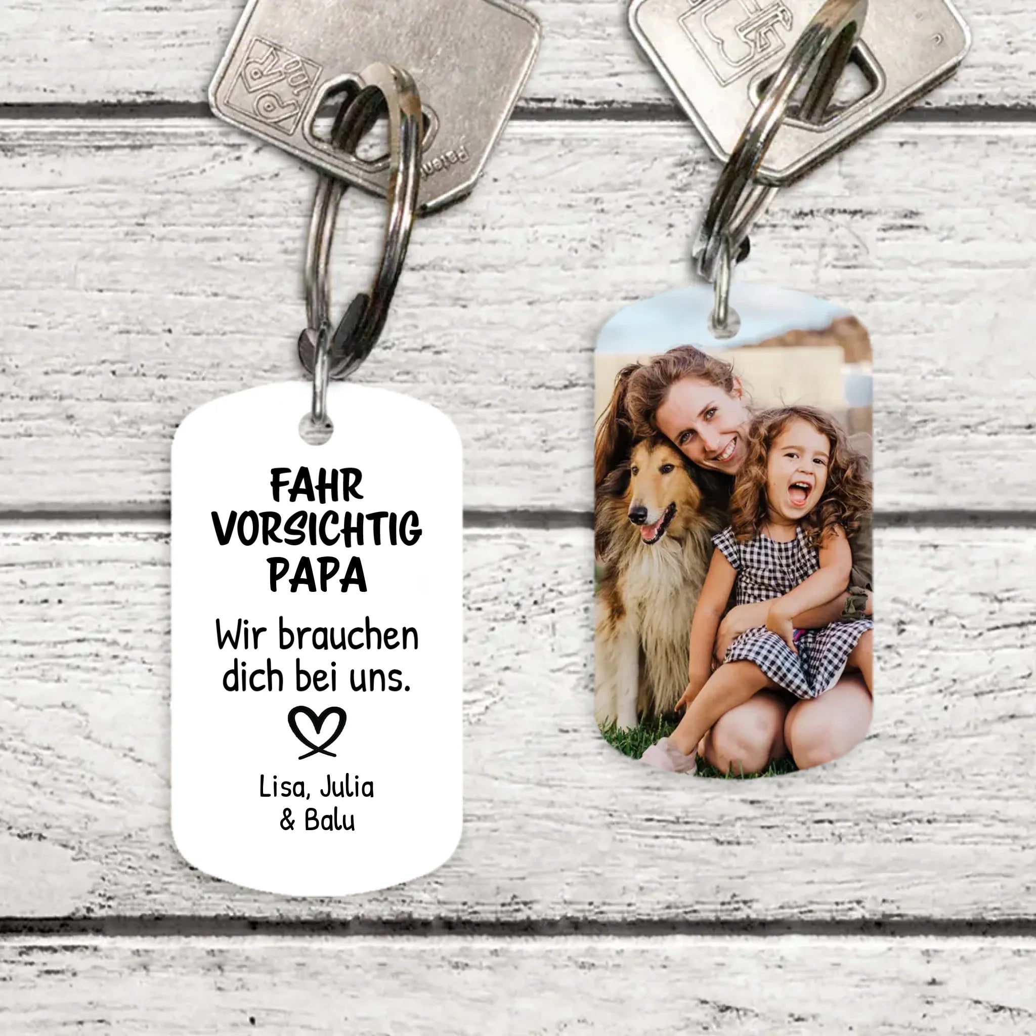 Metall Schlüsselanhänger "Fahr vorsichtig" mit Foto personalisierte Geschenkidee von Love & Faith