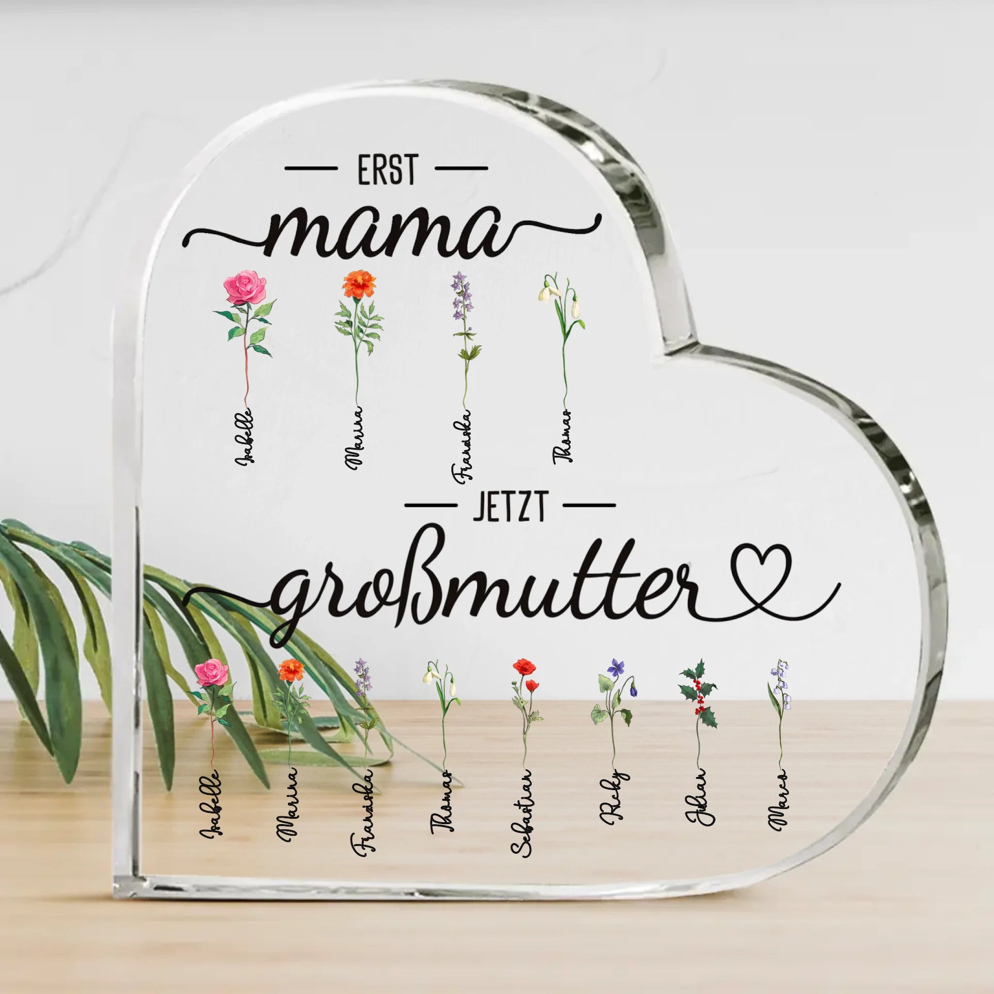 Personalisiertes Acrylherz mit Namen und Blumen Mama dann Oma
