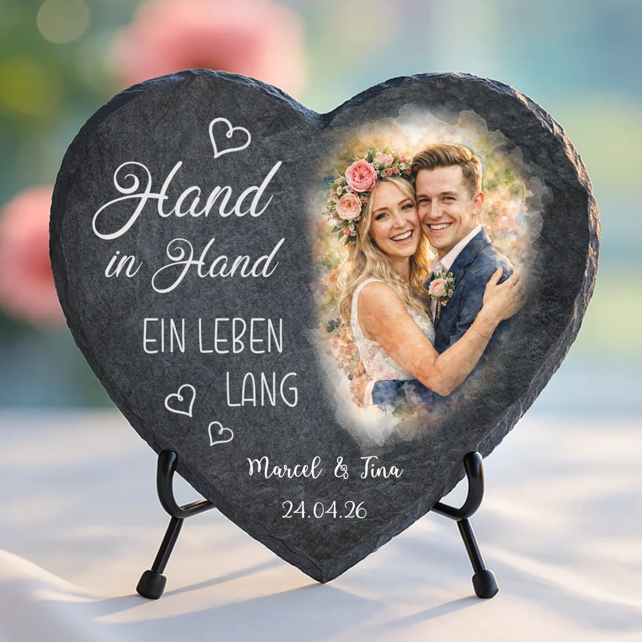 Schieferherz mit personalisiertem Aufdruck - UV-beständig und wetterfest - als Geschenk zur Erinnerung von Love & Faith