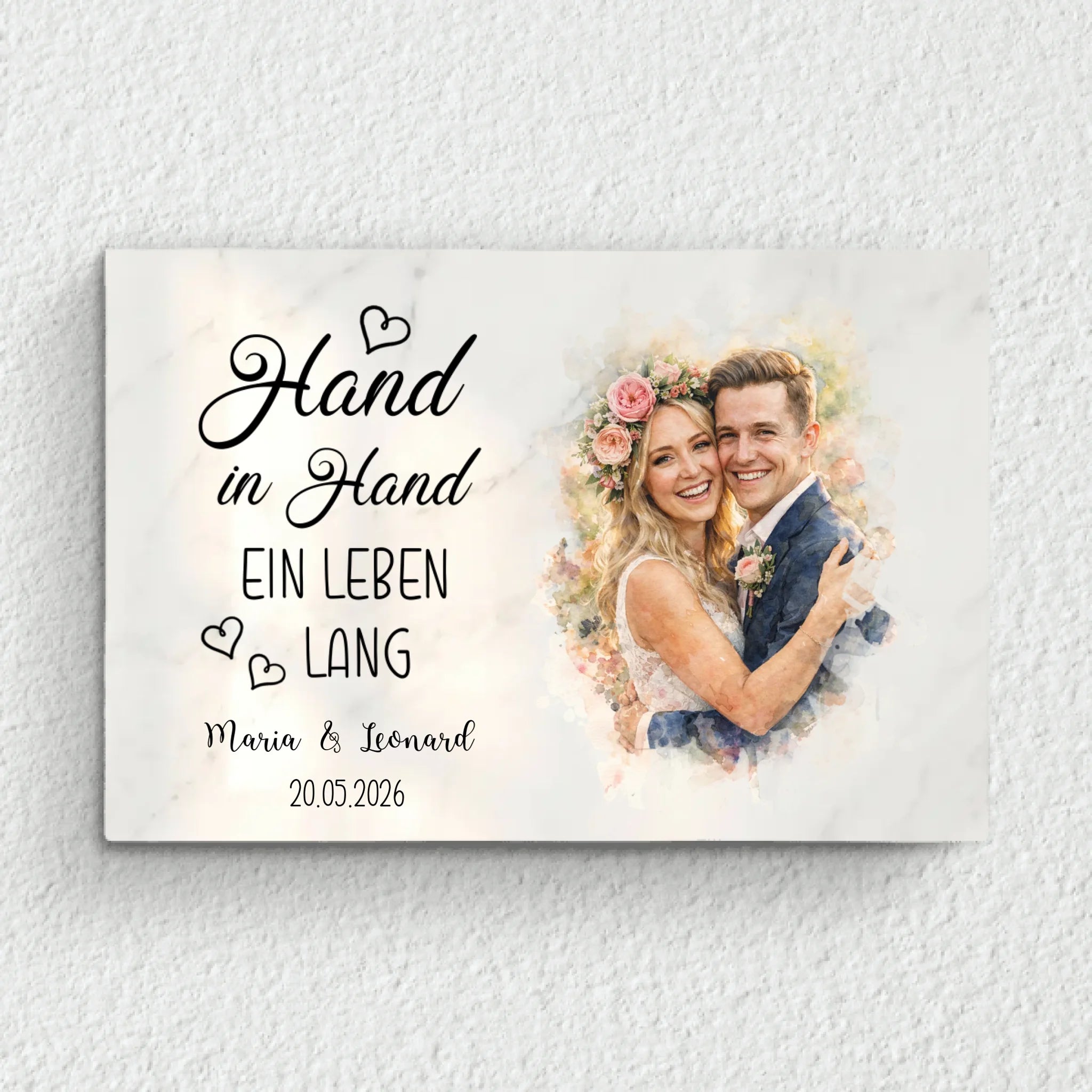 Hand in Hand - Personalisierte Leinwand mit Wasserfarben-Effekt für Hochzeit und Jahrestag