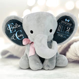 grauer Kuschelelefant mit rosa Scheife zur Geburt mit Namen und Geburtsdaten vom Baby personalisiert mit Love & Faith