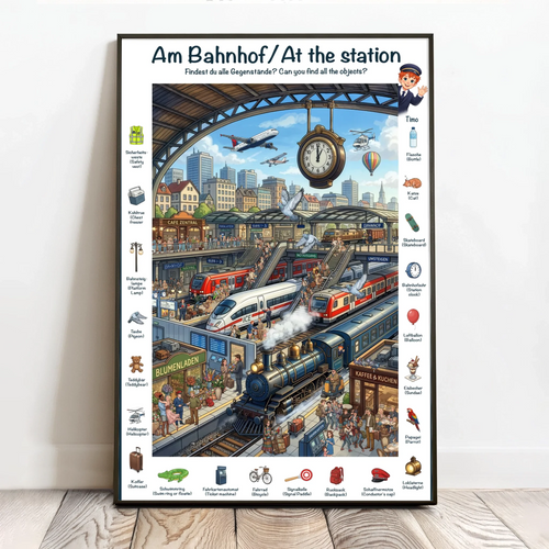 Personalisiertes Wimmel-Poster mit Foto im Cartoon Stil für Kids Bahnhof