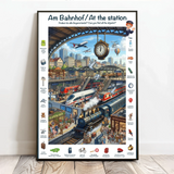 Personalisiertes Wimmel-Poster mit Foto im Cartoon Stil für Kids Bahnhof – Motiv 3