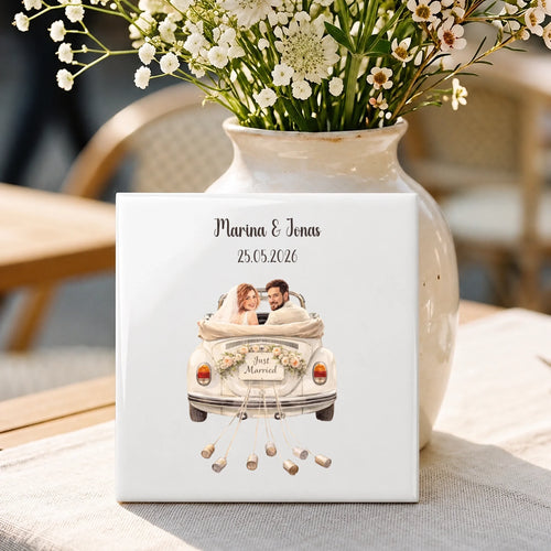 Personalisierte Deko-Fliese mit Wasserfarben-Effekt für Paare zur Hochzeit Der schönste Tag – Motiv 2