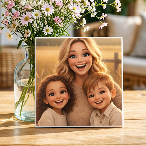 Personalisierte Deko-Fliese mit Foto für Mama – Cartoon Love Mama