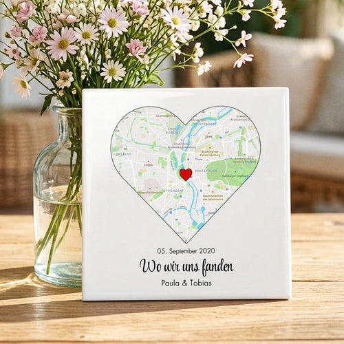 Personalisierte Deko-Fliese mit Foto zum Jahrestag – Wo wir uns fanden
