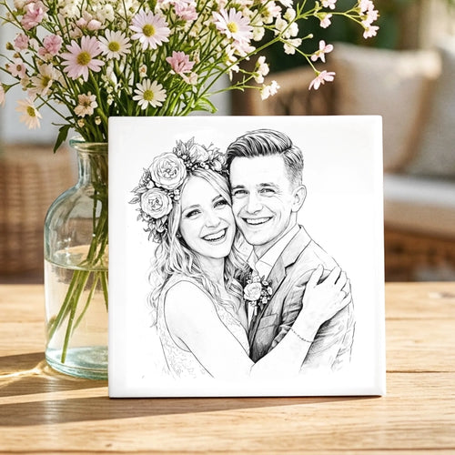 Personalisierte Deko-Fliese mit Foto Line-Art für Paare zum Jahrestag