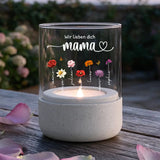 Personalisiertes Windlicht mit Kindernamen und Blumen für Eltern und Großeltern – Motiv 4