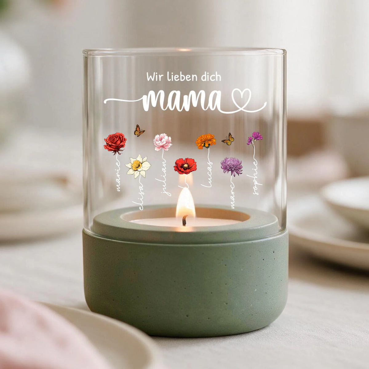 Personalisiertes Windlicht mit Kindernamen und Blumen für Eltern und Großeltern – Motiv 5