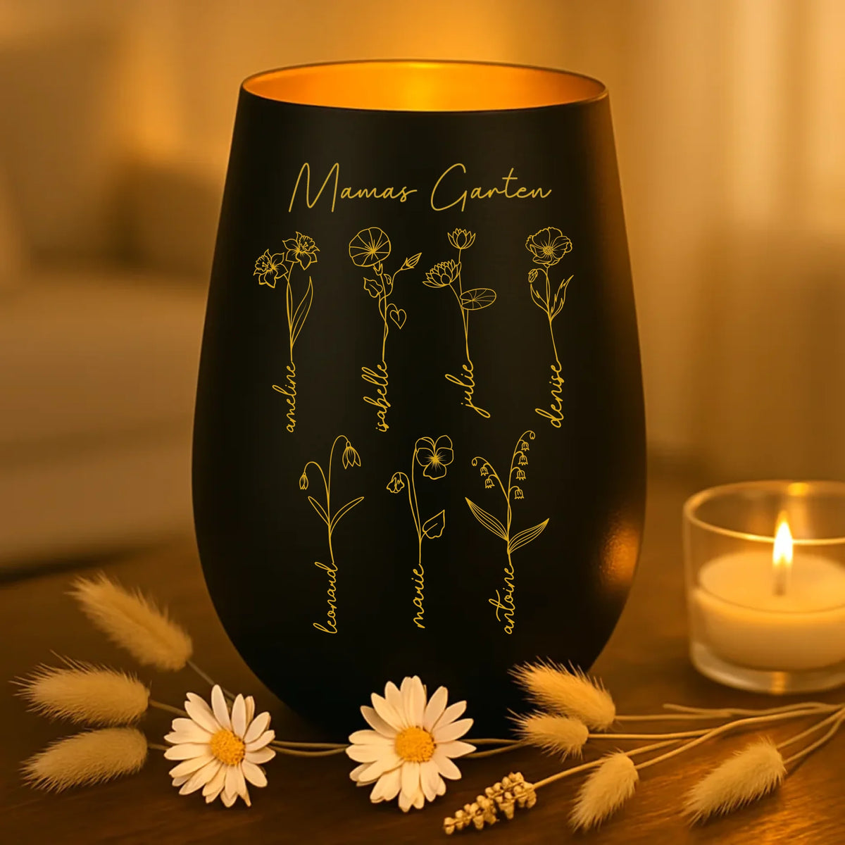 Personalisiertes Windlicht mit Gravur für Mama und Oma – Mamas Garten