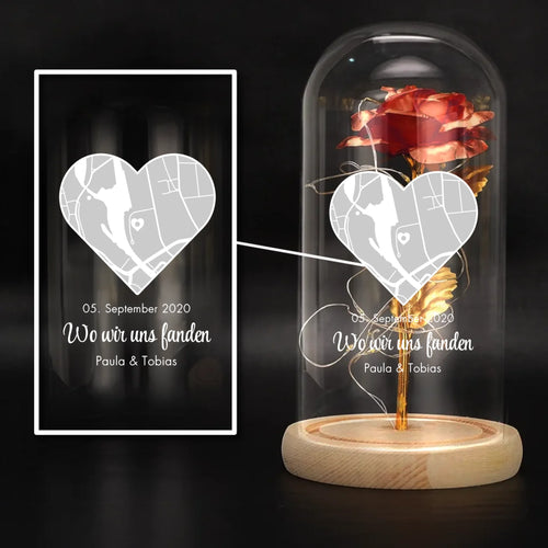 Personalisierte Goldene Rose mit Karte und Koordinaten für Paare – Wo wir uns fanden – Motiv 2
