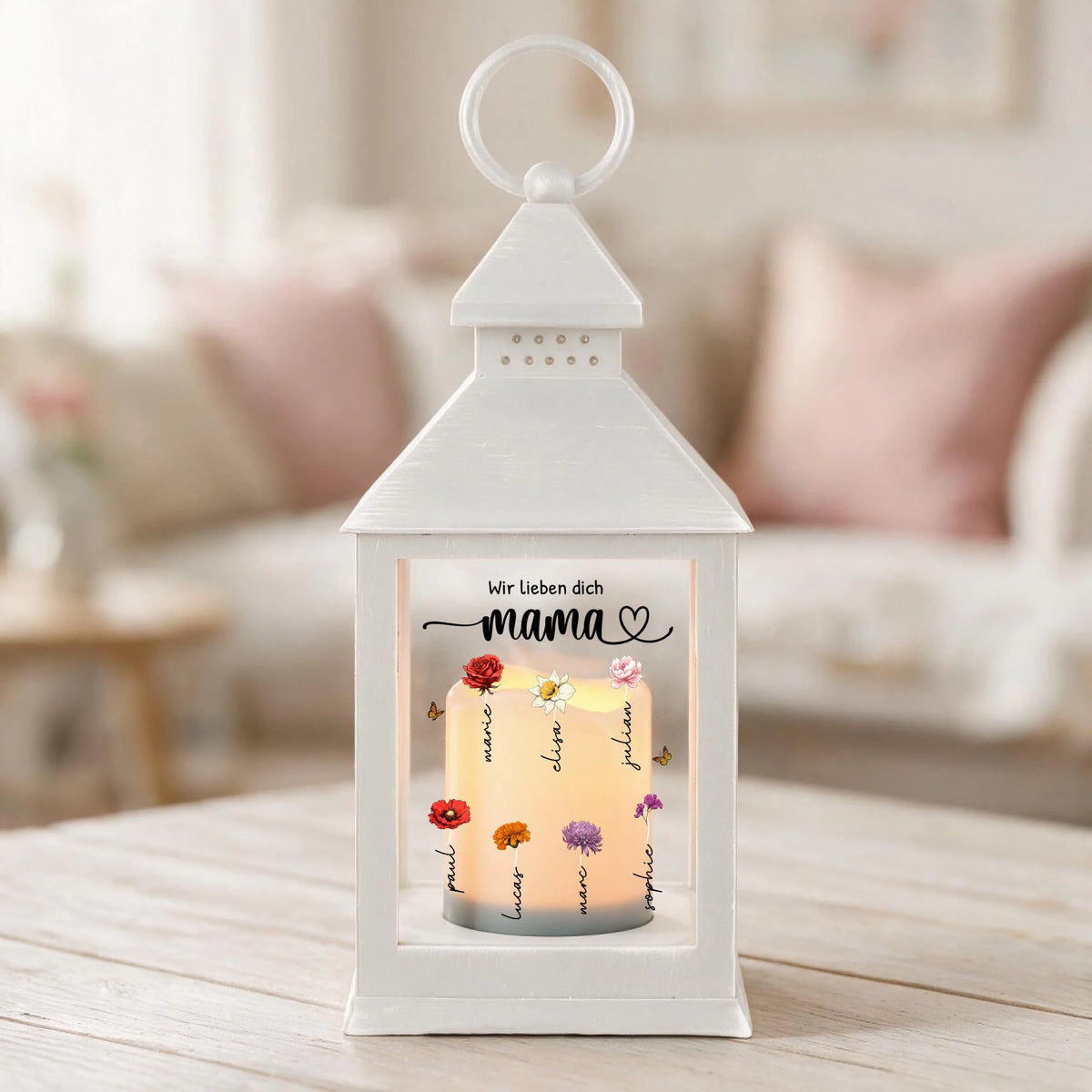 Personalisierte LED Laterne mit Kindernamen und Blumen für Mama – Mamas Garten