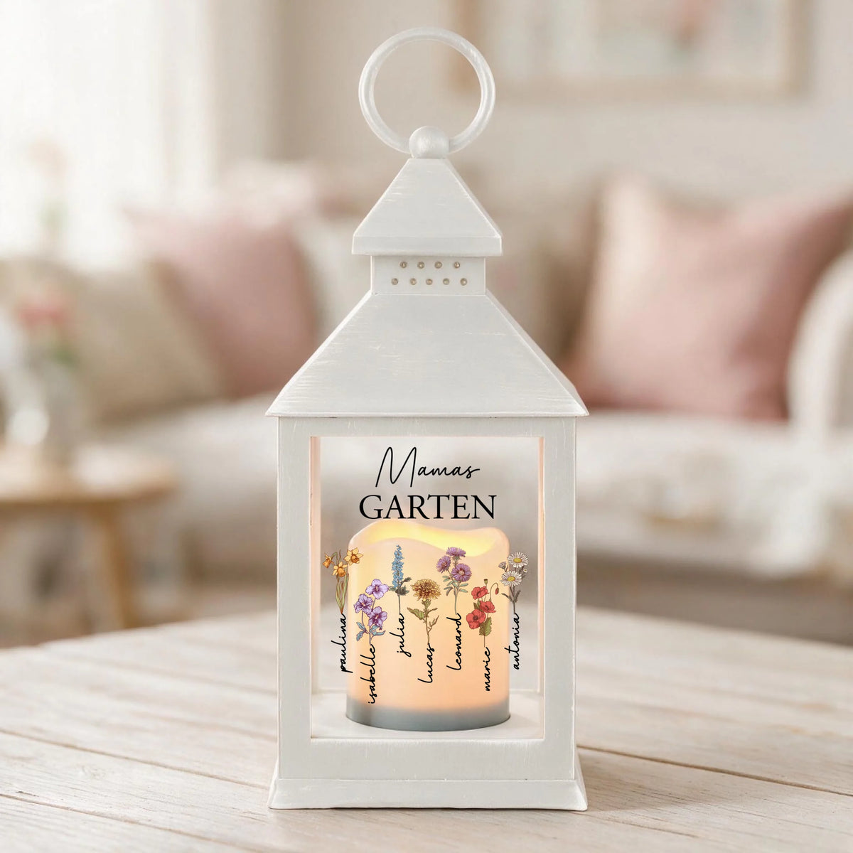 Personalisierte LED Laterne mit Namen und Blumen für Mama und Oma – Mamas Garten