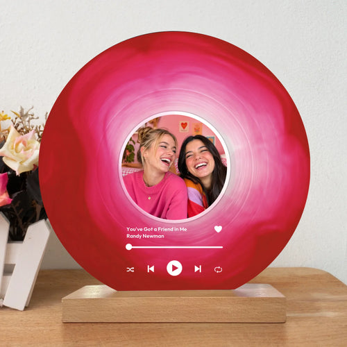 Personalisierte Acryl-Schallplatte mit Foto und Songtitel für beste Freunde mit Holzaufsteller – Best Friends