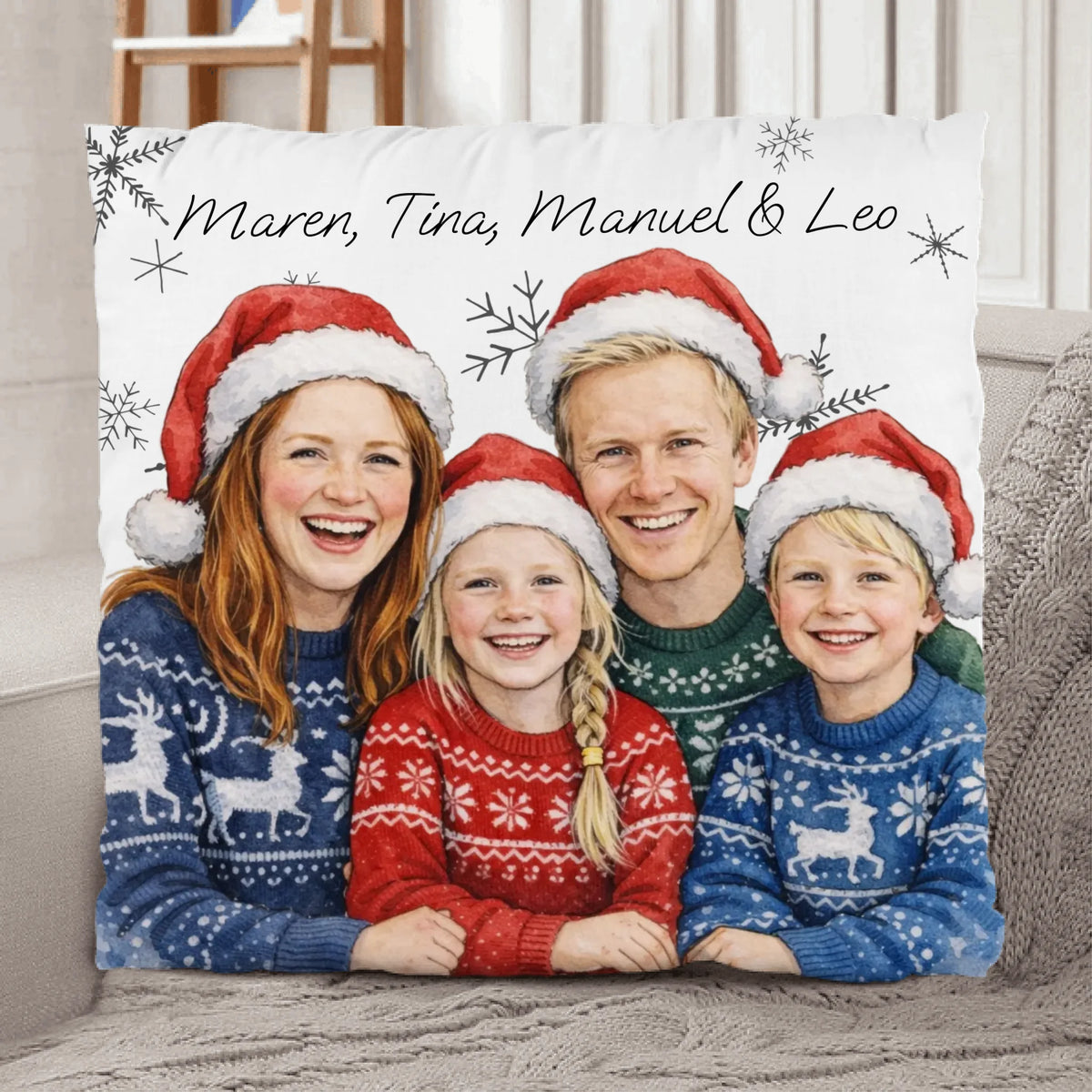Weihnachtsgrüße - Personalisiertes Kissen für die Familie mit Fotoupload und Wasserfarben-Effekt